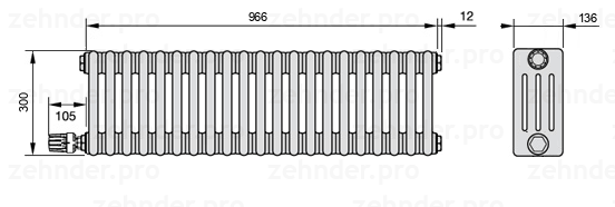 Схема (чертеж) Радиатор Zehnder Charleston 4030/21 №V004 Белый глянцевый RAL 9016